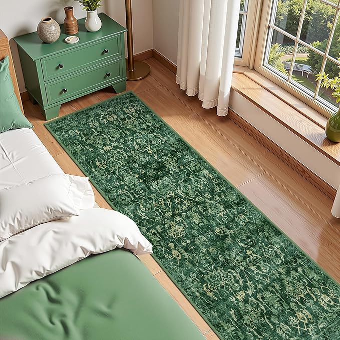 Dark Green 3x10 Runner Rug for Hallways Bed Side Kitchen, Boho Washable - Image 5