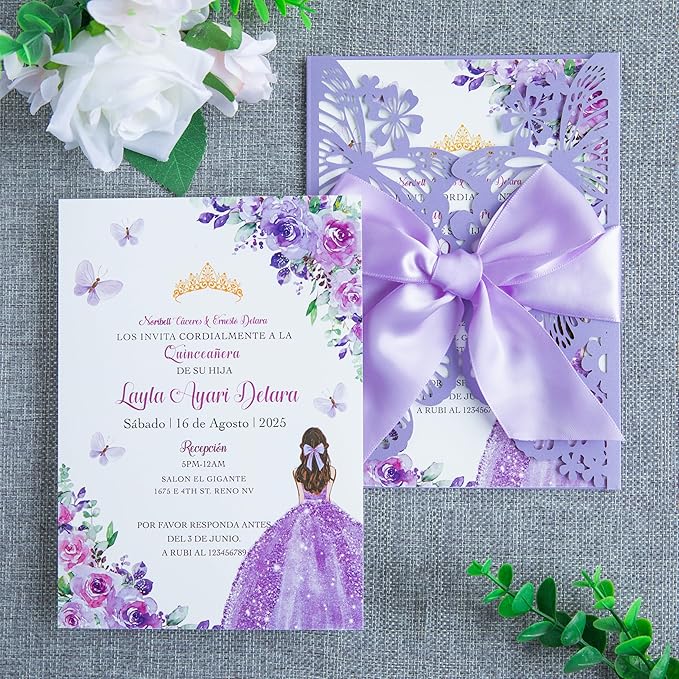 20 PCS 5.12x7.2 Butterfly Personalized Quinceanera Invitation, Customized XV by FEIYI