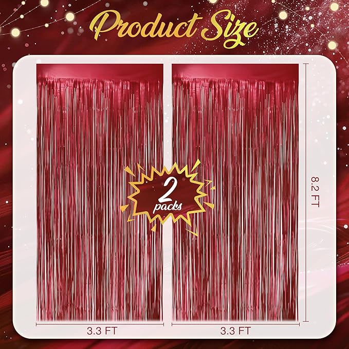 2 Pack Red Fringe Backdrop, 3.2x8.2ft Shining Foil Tinsel Curtains, Birthday - Image 4