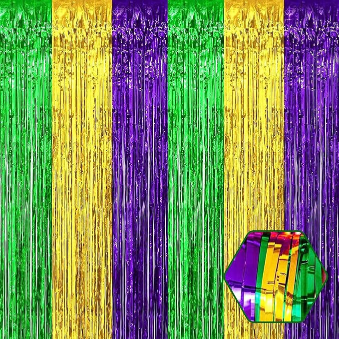 6 Pack Gold Green Purple Foil Fringe Curtain Backdrop, 3.28Ft x 8.2Ft Metallic by Ferwzsr