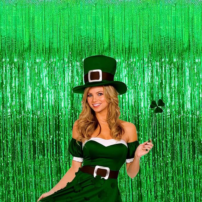 4 Pack Green Tinsel Foil Fringe Curtain Backdrop, 3.28Ft x 8.2Ft Metallic - Image 4