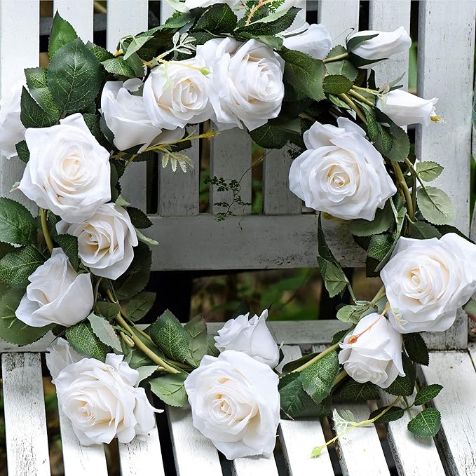 FiveSeasonStuff Floral White Artificial Silk Roses Flower Garland, Bendable - Image 2