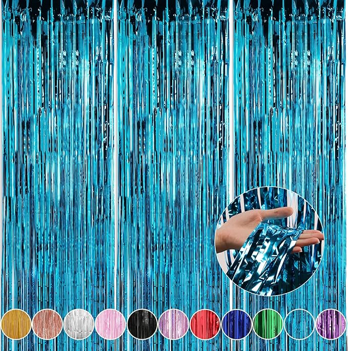 Crosize 3 Pack 3.3 x 9.9 ft Blue Foil Fringe Backdrop Curtain, Streamer by Crosize