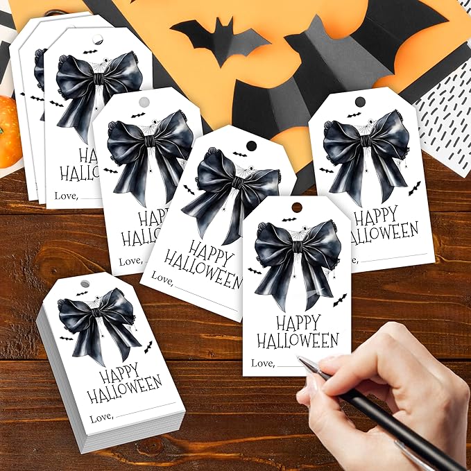 50 Pcs Halloween Tags with String, 2.1"×3.5" Bowknot Paper Gifts Tags, Bat - Image 3