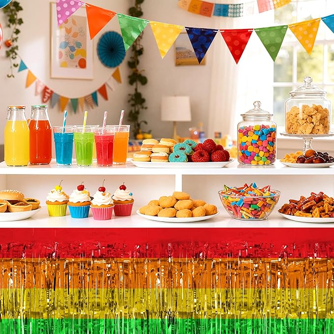 2 Pack Rainbow Table Skirts, 29x108" Metallic Foil Tinsel Fringe Table Skirts - Image 5