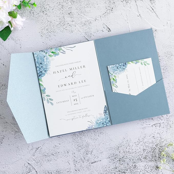 20 Pcs 5.12x7.1'' Sparkle Dusty Blue Tri-fold Laser Cut Wedding Invitation Cards - Image 9