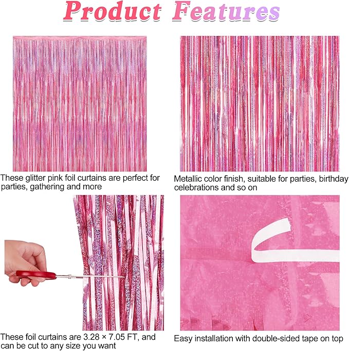12 Pack Pink Backdrop, 3.28 FT x 7.05 FT Foil Streamers, Metallic Glitter - Image 4
