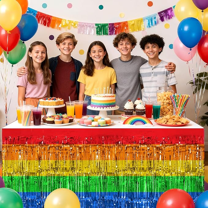2 Pack Rainbow Table Skirts, 29x108" Metallic Foil Tinsel Fringe Table Skirts - Image 6
