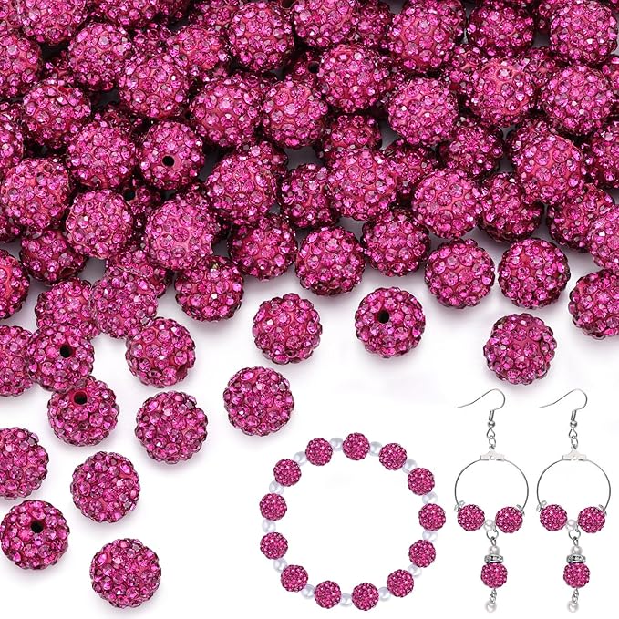 150 pcs 10mm Rhinestone Beads for Jewelry Making, Fuchsia Shiny Round Shamballa by TINKRSTUFF
