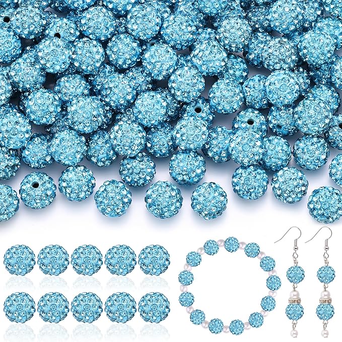 105pcs 10mm Rhinestone Beads for Jewelry Making, Aquamarine Shiny Round Disco by TINKRSTUFF