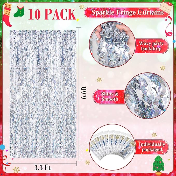 10 Pieces 3.3 x 6.6 Ft Foil Fringe Backdrop Party Wavy Tinsel Fringe Curtain - Image 2