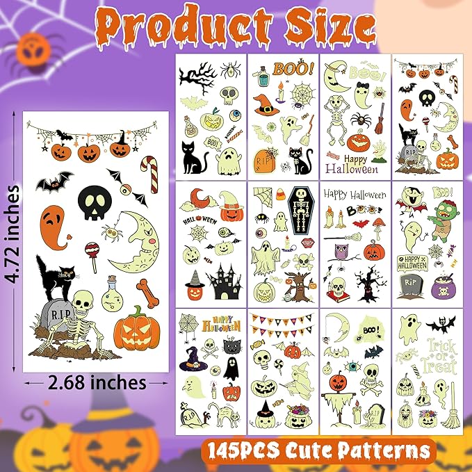 145 Styles Halloween Tattoos for Kids, Glow in Dark Ghosts Pumpkin Fake - Image 2