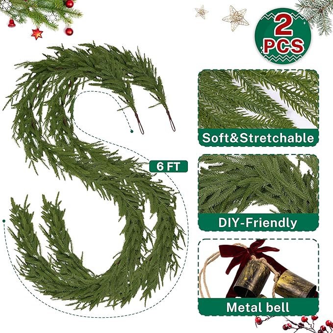 2 Pcs 6FT Christmas Garlands Norfolk Pine Garland - Image 2