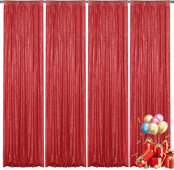 Red Sequin Backdrop Curtain 4 Pieces 2FTx8FT Glitter Photography Backdrop by Unknown