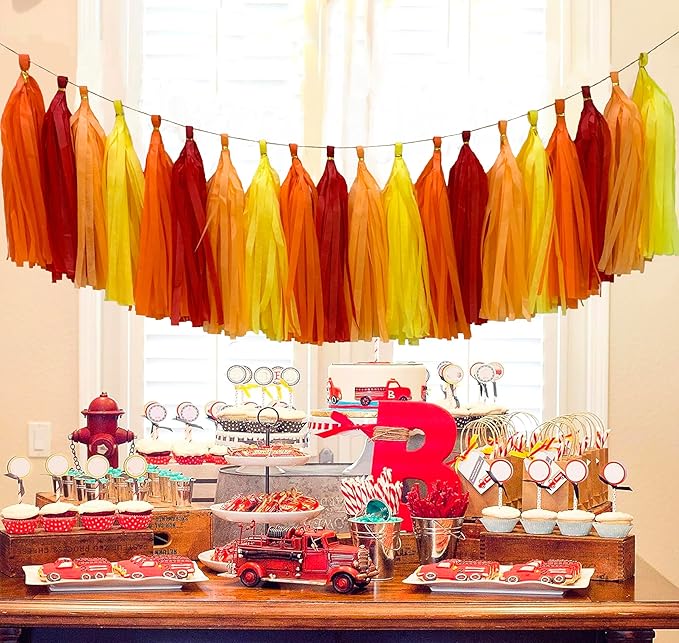 Red Orange Yellow Tissue Paper Tassel Garland, Tissue Tassel Banner - Image 4