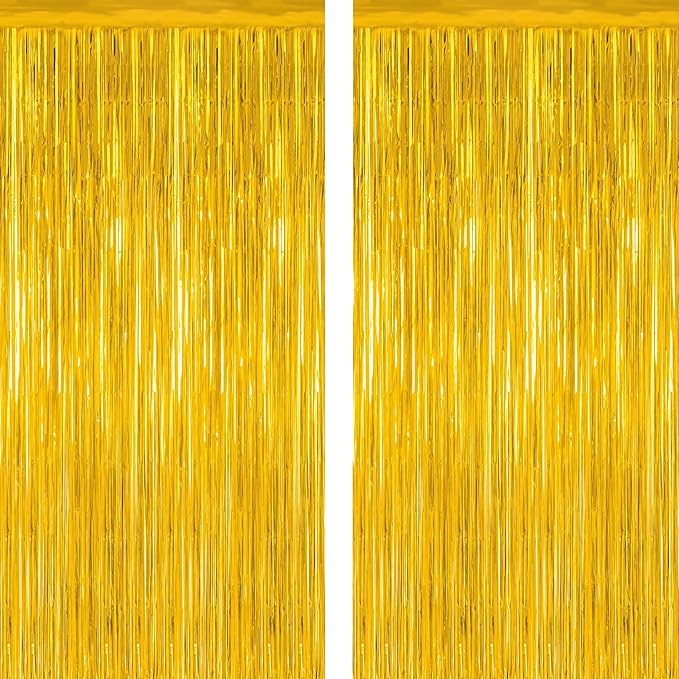 2 Pack Gold Tinsel Backdrop, 3.28 FT x 7.05 FT Metallic Fringe Curtain by ZATAYE