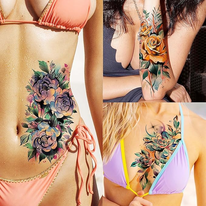 63 Sheets 3D Watercolor Rose Temporary Tattoos - Image 3