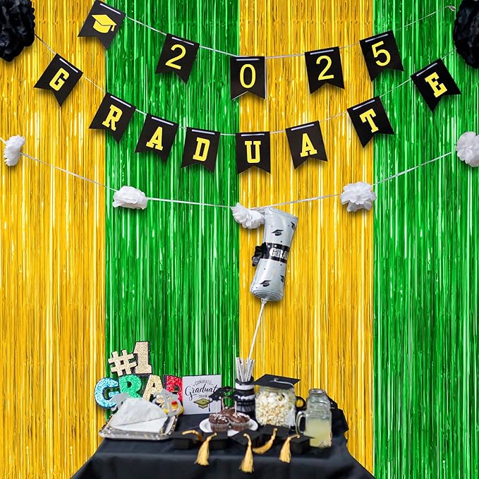 2 Pack Graduation Backdrop, Large Grad Decor 2025, Metallic Green and Gold Grad - Image 5