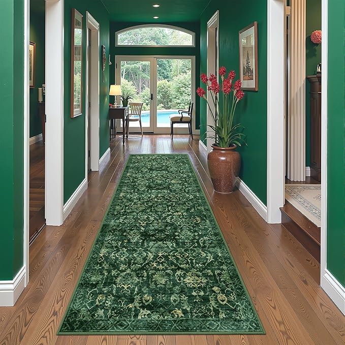 Dark Green 3x10 Runner Rug for Hallways Bed Side Kitchen, Boho Washable - Image 3