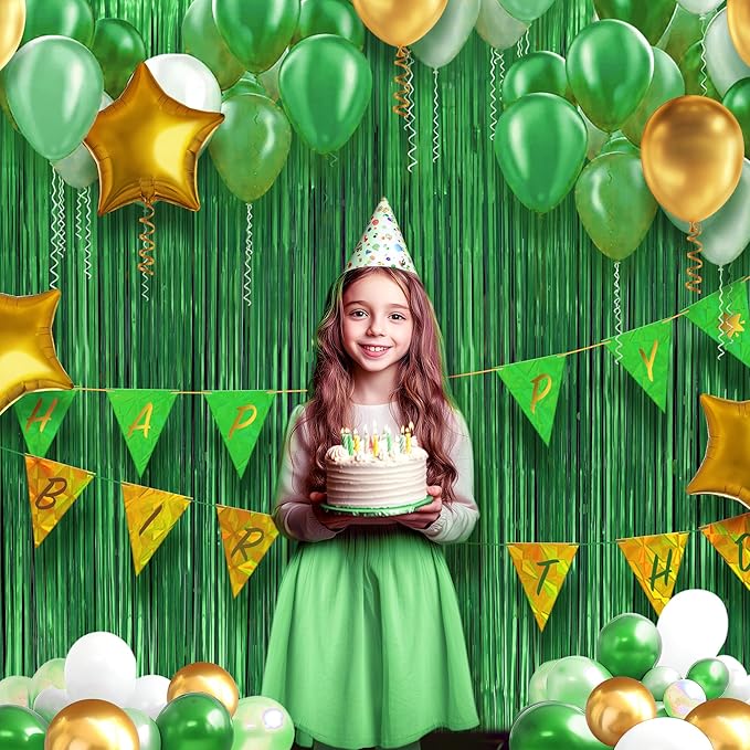 2 Pack Metallic Green Fringe Backdrop, 3.2x8.2ft Shining Foil Tinsel Curtains - Image 2