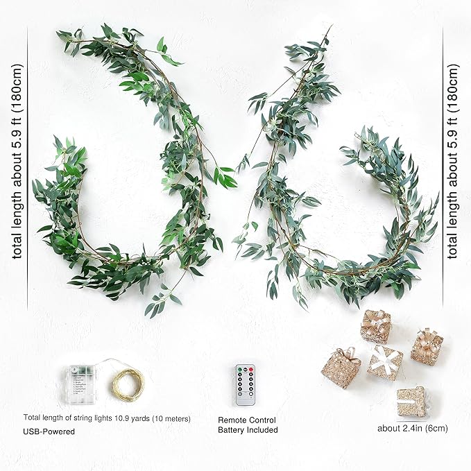 Artificial Willow Garland with Lights & Ornaments – 2-Pack Lighted Greenery Vine - Image 5