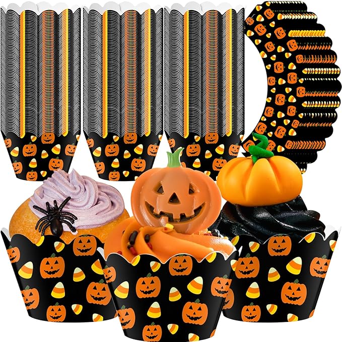 Domensi 100 Pcs Halloween Pumpkin Cupcake Wrappers Rustic Cupcake Liners by Domensi