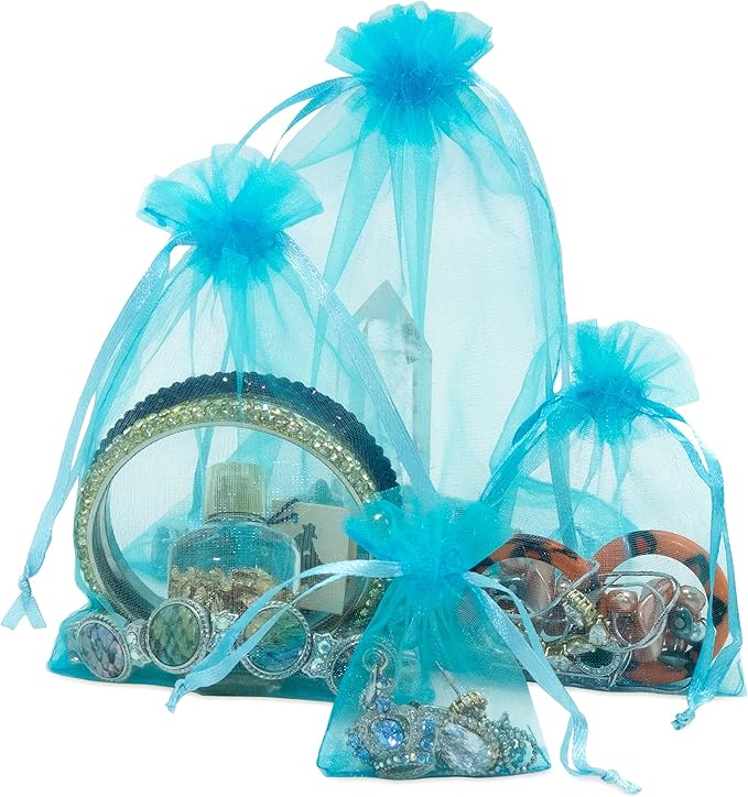 TheDisplayGuys 100-Pack 6x8 Turquoise Blue Sheer Organza Gift Bags - Image 3