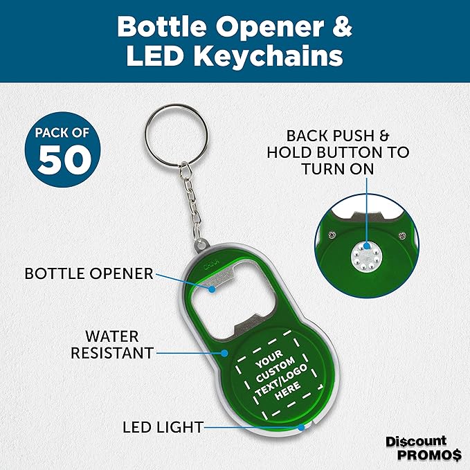 DISCOUNT PROMOS Custom Bottle Opener & LED Keychains Set of 50, Personalized - Image 3