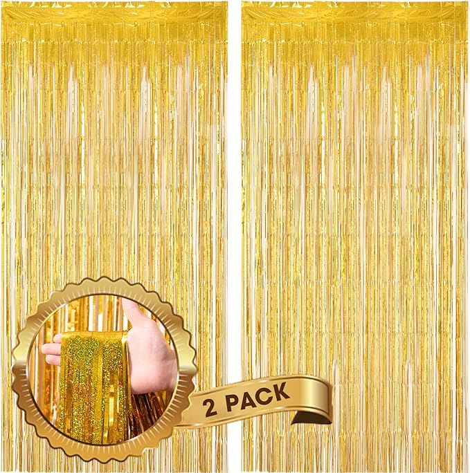 2 Pack Laser Gold Foil Fringe Backdrop Curtains, Tinsel Streamers Birthday by Voircoloria