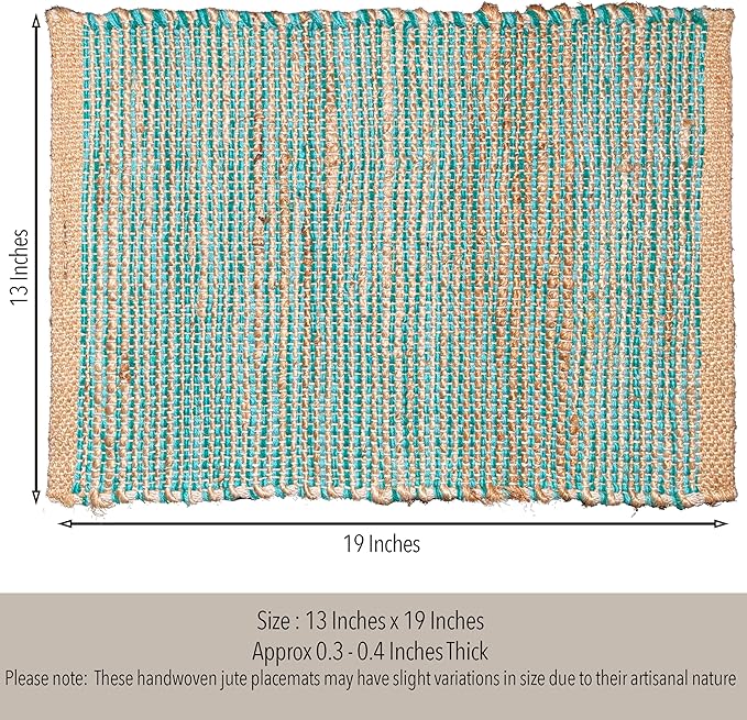 Chardin Home Natural Jute & Aqua Turquoise Placemats, 13x19 in Dining Table - Image 4