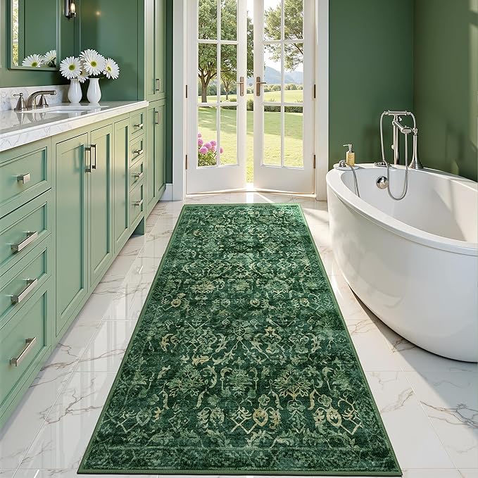 Dark Green 3x7 Runner Rug for Hallways Bed Side Kitchen, Boho Washable - Image 2
