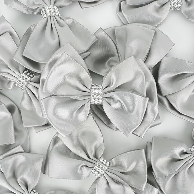 Silver Satin Bows 4'' Premade Ribbon Bow, Wrapping Bows - Image 4