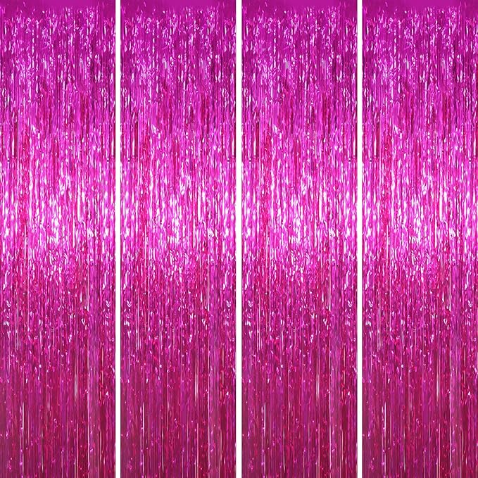 4 Pack Pink Foil Fringe Backdrop Curtains, Tinsel Streamers Birthday Party by Voircoloria