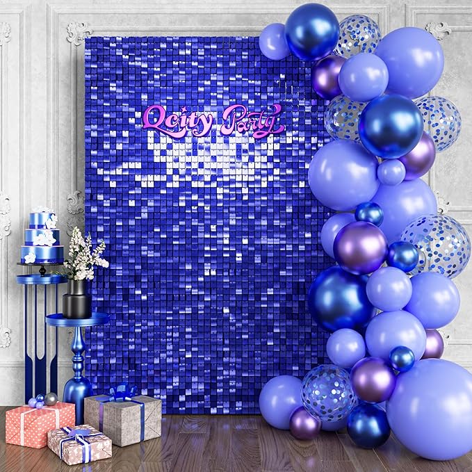 Qcity Blue Shimmer Wall Backdrop 24PCS, Square Sequin Glitter Backdrop Panel by QCITY