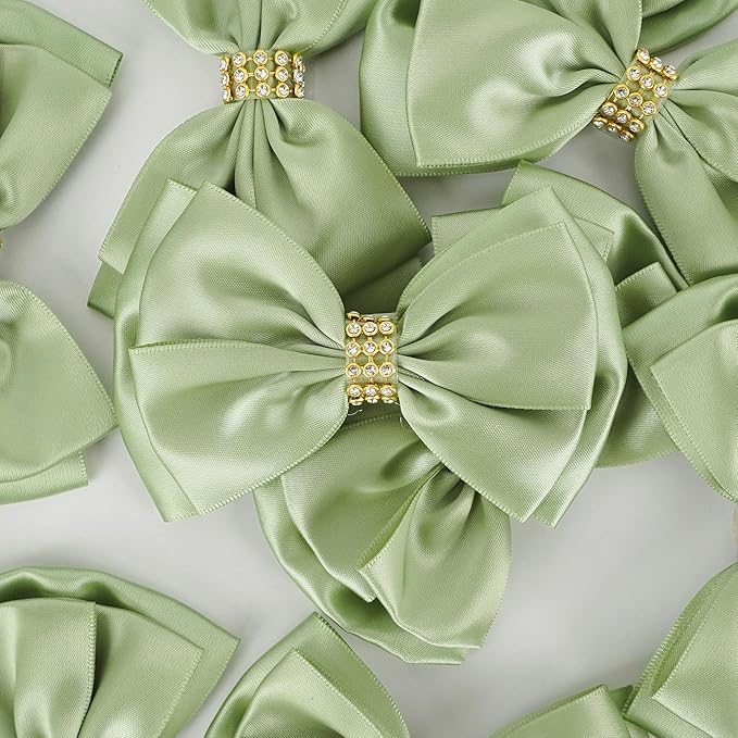 Sage Green Bows 4'' Premade Satin Ribbon Bow, Gift Bows - Image 4