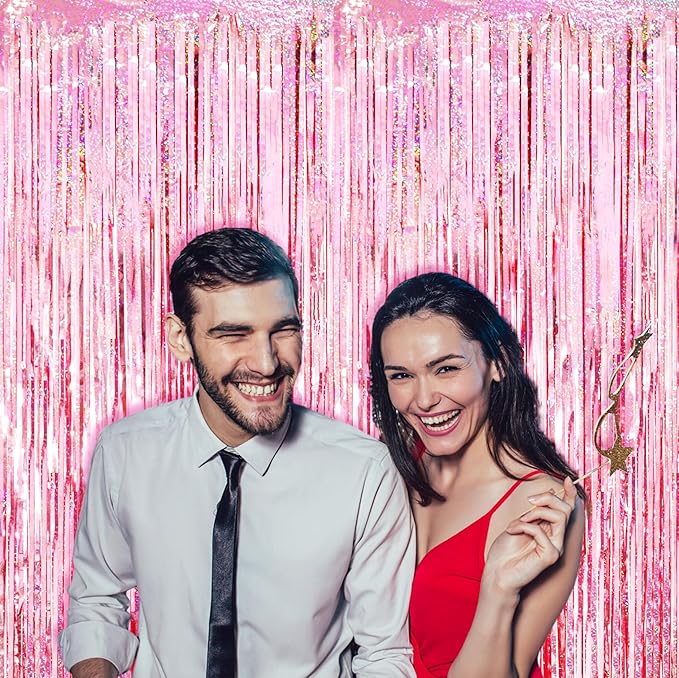 4 Pack 3.3x8.2 Feet Laser Pink Foil Fringe Backdrop Curtains, Tinsel Streamers - Image 7