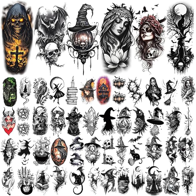 77 Sheets Witch Temporary Tattoos Women Men Adults, Skeleton Death Skull - Image 2