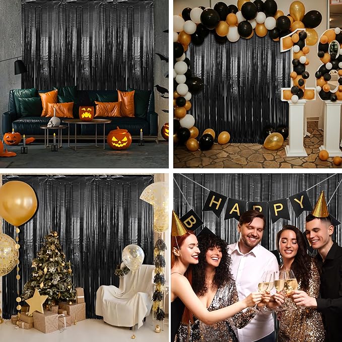 Crosize 3 Pack 3.3 x 9.9 ft Black Foil Fringe Backdrop Streamer Curtains - Image 6