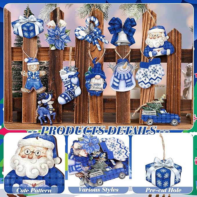 Suzile 36 Pcs Christmas Wooden Ornaments Blue Christmas Ornaments - Image 3