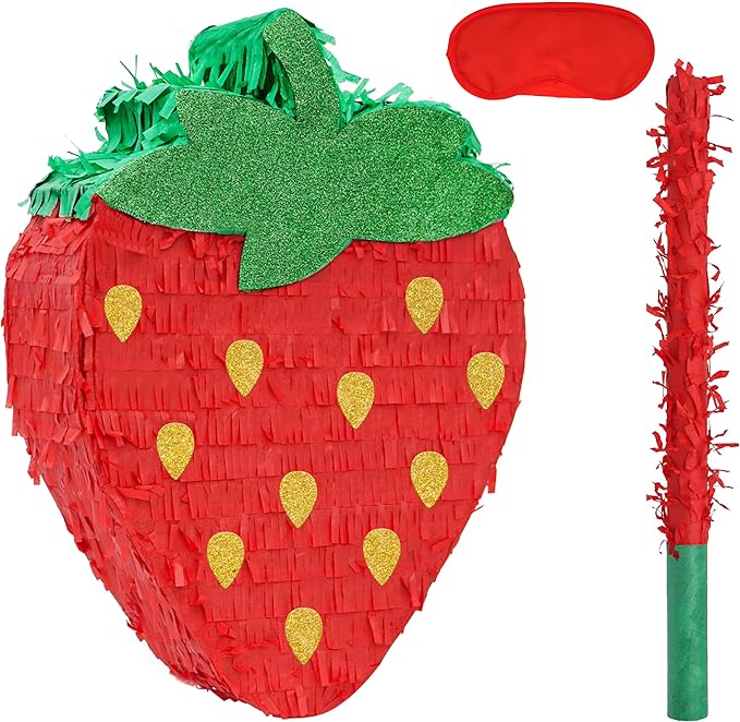 Strawberry Pinatas Bundle with a Blindfold and a Bat, Fruit Theme Parties by Birchio