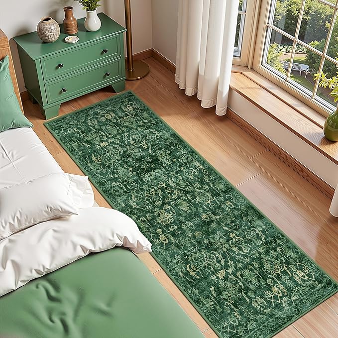 Dark Green 3x7 Runner Rug for Hallways Bed Side Kitchen, Boho Washable - Image 5
