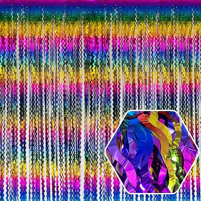 4 Pack Rainbow Wave Foil Fringe Curtain Backdrop, 3.28Ft x 8.2Ft Metallic by Ferwzsr