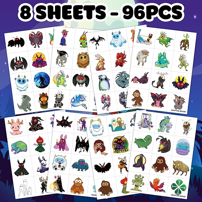 96PCS Cute Cryptid Temporary Tattoos Themed Halloween Birthday Party - Image 2