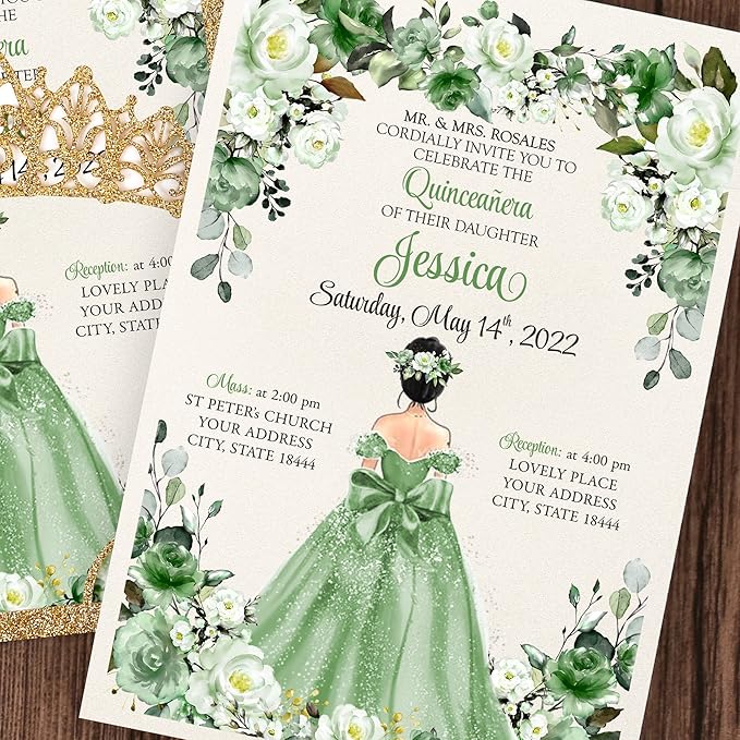 50Pcs Sage Green Crown Quinceanera Invitation - Image 6