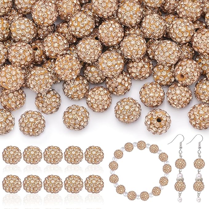 160pcs 10mm Rhinestone Beads for Jewelry Making, Light Brown Shiny Round Disco by TINKRSTUFF