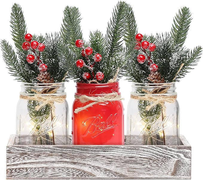 Christmas Mason Jars, Christmas Centerpiece Table Settings, Wood Tray by MARACCO
