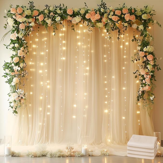 Fomcet Tulle Backdrop Curtains Champagne 20FT X 10FT Tulle Curtains by Fomcet