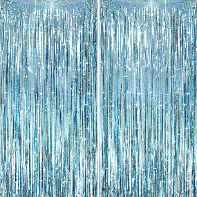 2 Pack Laser Light Blue Foil Fringe Curtains, Tinsel Streamers Birthday Party by Voircoloria