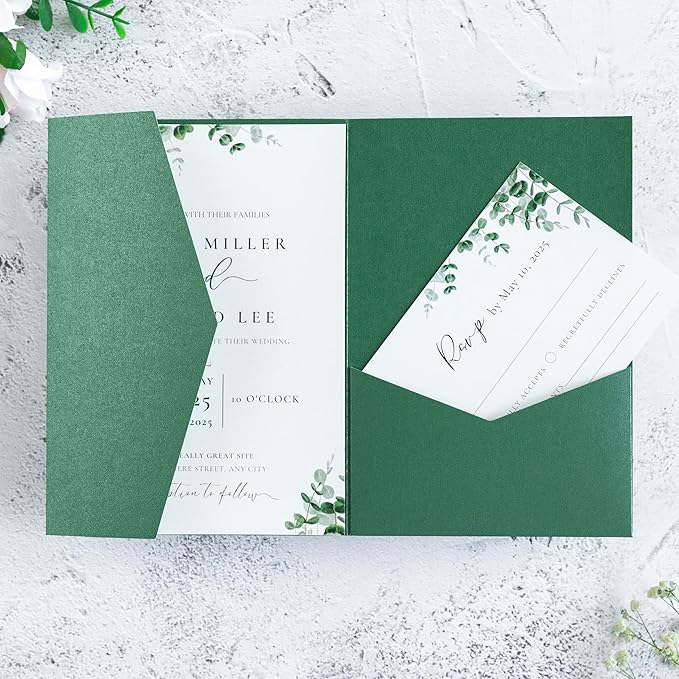 20 PCS Emerald Green Tri-fold Laser Cut Wedding Invitation Pockets - Image 8