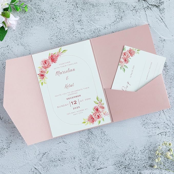 20 PCS Blush Pink Tri-fold Laser Cut Wedding Invitation Pockets by FEIYI